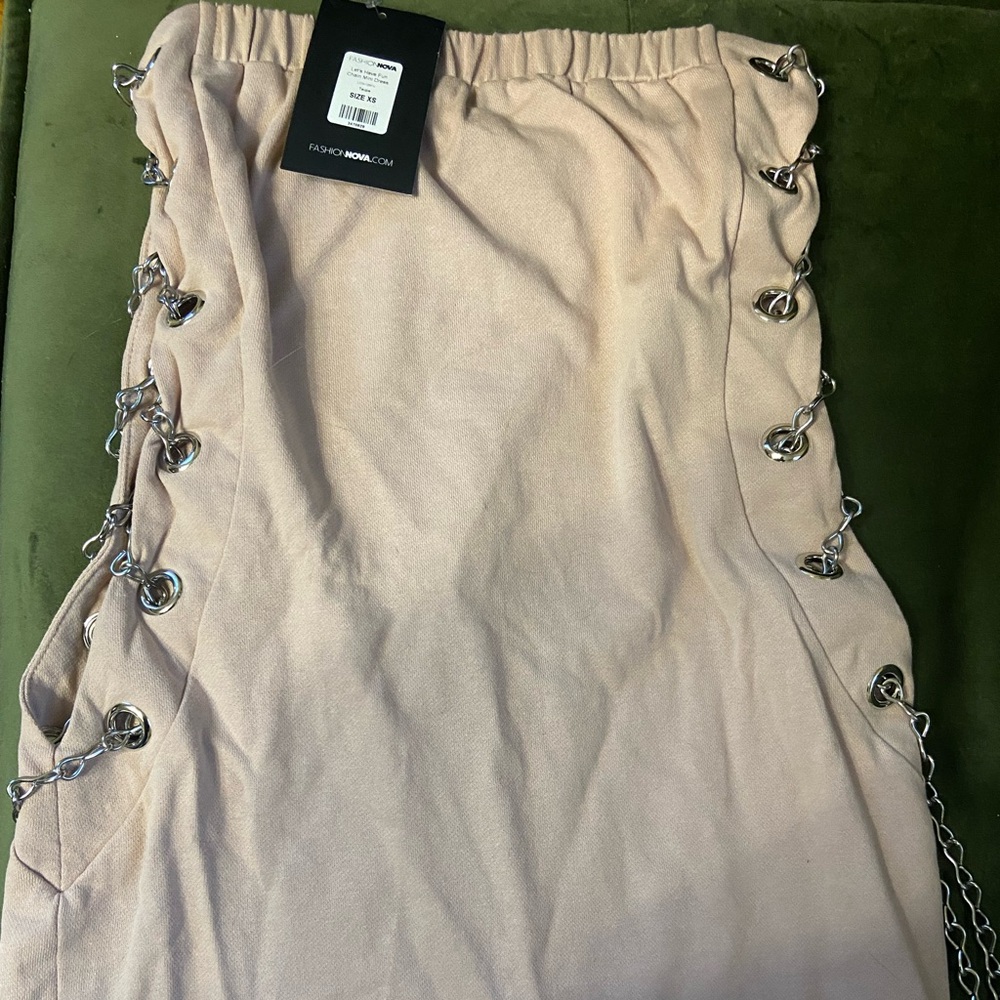 Fashion Nova Strapless Beige Dress with Chain Accents